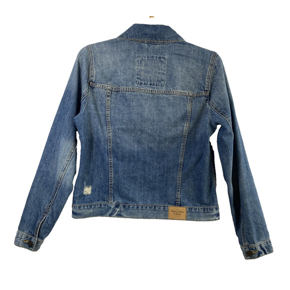 Abercrombie‎ & Fitch Jean Jacket Womens Medium Distress Denim Button Up Pockets - Picture 2 of 10